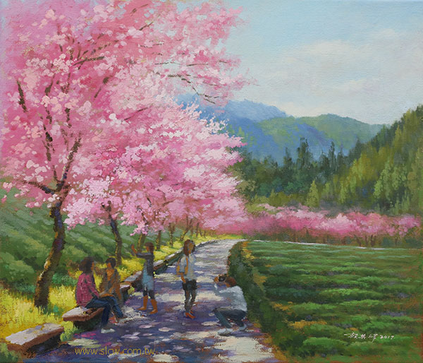 Wuling Farm tea garden with cherry blossoms 武陵茶園賞櫻_賴英澤 繪